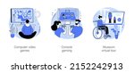 Non-immersive virtual reality isolated cartoon vector illustrations set. Computer video games, console gaming, museum virtual tour, video enternainment, VR and AR leisure time vector cartoon.