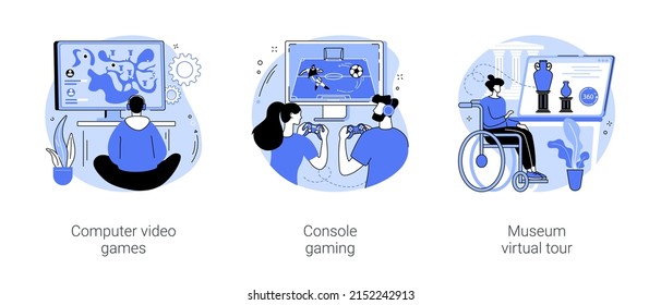 Non-immersive virtual reality isolated cartoon vector illustrations set. Computer video games, console gaming, museum virtual tour, video enternainment, VR and AR leisure time vector cartoon.