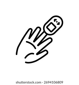 Non-invasive glucometer. Diabetes testing outline icon. Measure blood glucose levels without blood draws or invasive procedures. Glucometer pharmacy vector symbol, logo illustration.