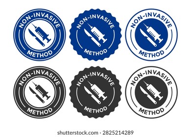 Non-invasive method circular badge icon featuring a crossed-out medical syringe. Suitable for painless treatments, clinics, and healthcare packaging.