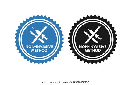 Non-invasive method vector stamp logo design. Medical badge with crossed out syringe and scalpel icons, isolated on white background.