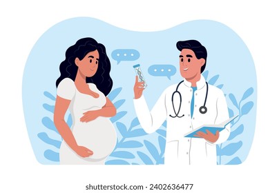 Noninvasive prenatal testing (NIPT). A pregnant woman is talking to an obstetrician gynecologist. A woman expecting a baby visits the doctors office, examination during pregnancy.