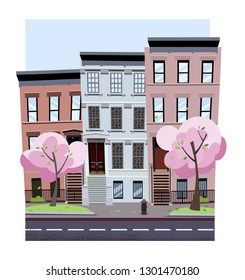 Nonlinear houses look out of the picture. Flat cartoon style vector spring city street. Tree houses on Street cityscape. Day city landscape with pink bloming trees with green lawns in the foreground