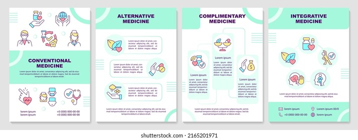 Non-mainstream healthcare approaches mint brochure template. Leaflet design with linear icons. Editable 4 vector layouts for presentation, annual reports. Arial-Black, Myriad Pro-Regular fonts used