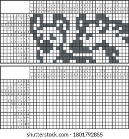 A nonogram with a hyena and its baby. Well suited for use in newspapers, magazines for the entertainment of readers