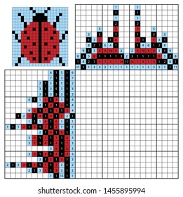 Nonogram for kids. Paint by number puzzle. Colorful japanese crossword. Education game for children. Ladybug. Insect.