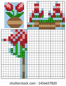 Nonogram for kids. Paint by number puzzle. Colorful japanese crossword. Education game for children. Flowers