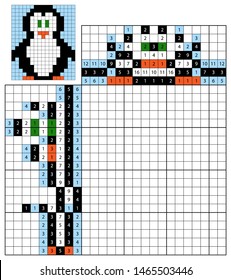 Nonogram for kids. Paint by number puzzle. Colorful japanese crossword. Education game for children. Penguin