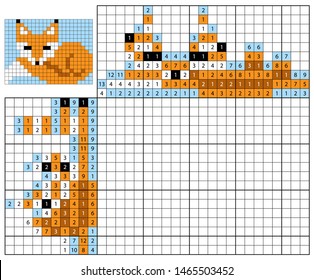 Nonogram for kids. Paint by number puzzle. Colorful japanese crossword. Education game for children. Fox