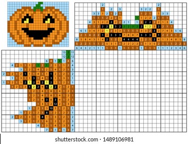 Nonogram for kids. Paint by number puzzle. Colorful japanese crossword. Education game for children. Pumpkin