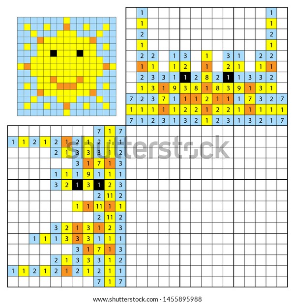 子供用のノノグラム 数字パズルで描く カラフルな日本のクロスワード 子ども向けの教育ゲーム 太陽 のベクター画像素材 ロイヤリティフリー
