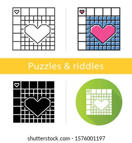 Nonogram puzzle grid icon. Picross, griddlers. Logic number game. Japanese crossword. Mental exercise. Ingenuity test. Brain teaser. Flat design, linear and color styles. Isolated vector illustrations
