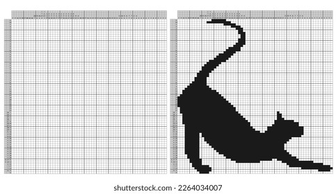 Nonograms with cat stretching black silhouette, side view. Picross with cute kitty patterns. Pic-a-Pix picture logic puzzles. Paint by Numbers or Hanjie black and white colors, vector design eps 10