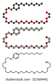 Nonoxynol-9 spermicide molecule. Stylized 2D renderings and conventional skeletal formula. 