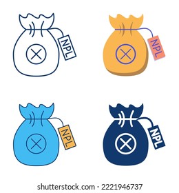 Non-performing loan icon set in flat and line style. NPL symbol, money bag with cross sign. Bank loan with late payment. Vector illustration.