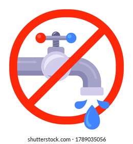 non-potable water in the crossed out red circle. broken water tap. flat vector illustration isolated on white background.