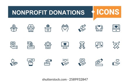 Nonprofit Donations icons set. Icons cooperation, community, foundation, unity, charity, donation, fund and more. Outline icon collection. Vector line and solid icons.