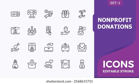 Nonprofit donations line icons set. Contains such icons as human, humanitarian, community, linearity, partnership, donate, empathy, teamwork. Minimalist web icons. Editable stroke.