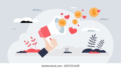 Nonprofit fundraising project with financial aid tiny person hands concept. Support awareness for money raising vector illustration. Philanthropy and public charity project for poor social groups.