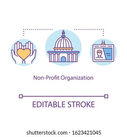 Non-profit organization concept icon. Donating and volunteering. Social services center. Charity idea thin line illustration. Vector isolated outline RGB color drawing. Editable stroke
