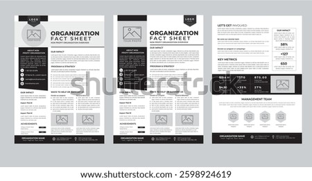 Nonprofit Organization Fact Sheet layout design template with 3 style design concept