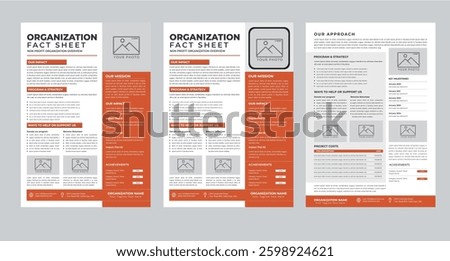 Nonprofit Organization Fact Sheet layout design template with 3 style design concept