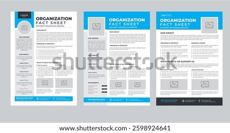 Nonprofit Organization Fact Sheet layout design template with 3 style design concept
