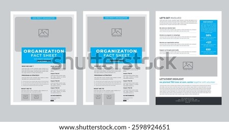Nonprofit Organization Fact Sheet layout design template with 3 style design concept