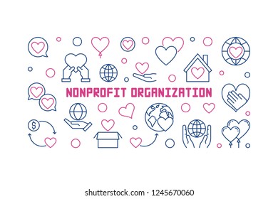 Nonprofit organization vector concept horizontal banner or illustration in thin line style