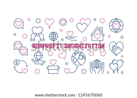 Nonprofit organization vector concept horizontal banner or illustration in thin line style