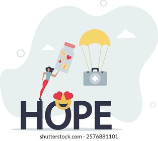 nonprofit work of tiny people and hope word.flat characters.