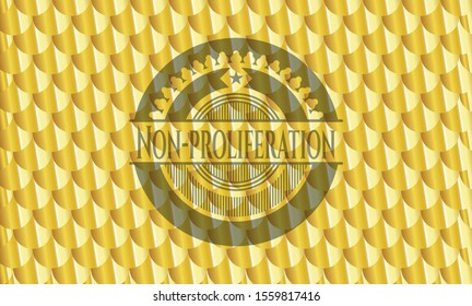 Non-proliferation golden badge or emblem. Scales pattern. Vector Illustration. Detailed.