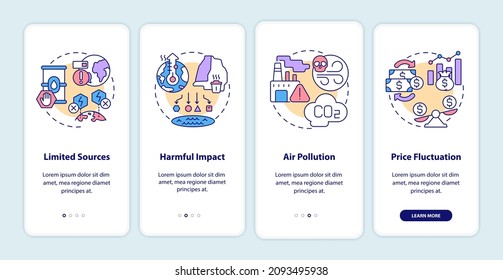 Nonrenewable energy disadvantages onboarding mobile app page screen. Power walkthrough 4 steps graphic instructions with linear concepts. UI, UX, GUI template. Myriad Pro-Bold, Regular fonts used