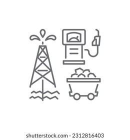 Non-renewable energy related vector linear icon. Oil rig, gas station, coal cart. Vector outline illustration Isolated on white background. Editable stroke