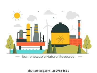 Recursos de Energia Natural Não Renovável Ilustração Vetorial Apresentando Nuclear, Petróleo, Gás Natural e Combustíveis de Carvão em um Plano de Fundo de Estilo Plano