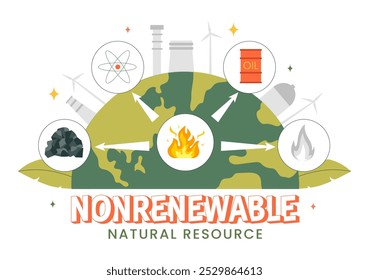 Recursos de Energia Natural Não Renovável Ilustração Vetorial Apresentando Nuclear, Petróleo, Gás Natural e Combustíveis de Carvão em um Plano de Fundo de Estilo Plano