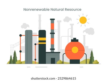 Ilustración vectorial de Recursos de Energía Natural No Renovables con Nuclear, Petróleo, Petróleo, Gas Natural y Carbón en un Fondo de Estilo Plano