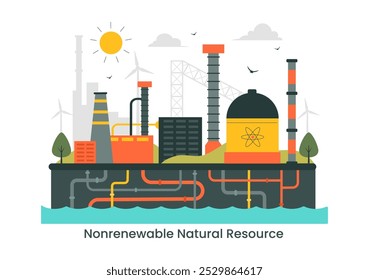 Recursos de Energia Natural Não Renovável Ilustração Vetorial Apresentando Nuclear, Petróleo, Gás Natural e Combustíveis de Carvão em um Plano de Fundo de Estilo Plano