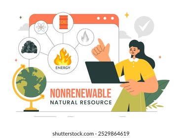 Recursos de Energia Natural Não Renovável Ilustração Vetorial Apresentando Nuclear, Petróleo, Gás Natural e Combustíveis de Carvão em um Plano de Fundo de Estilo Plano