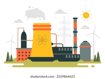 Nonrenewable Natural Energy Resources Vector Illustration Featuring Nuclear, Petroleum, Oil, Natural Gas, and Coal Fuels in a Flat Style Background