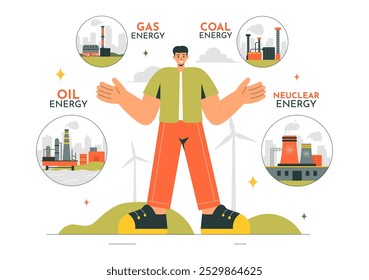 Nonrenewable Natural Energy Resources Vector Illustration Featuring Nuclear, Petroleum, Oil, Natural Gas, and Coal Fuels in a Flat Style Background