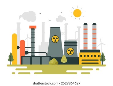 Recursos de Energia Natural Não Renovável Ilustração Vetorial Apresentando Nuclear, Petróleo, Gás Natural e Combustíveis de Carvão em um Plano de Fundo de Estilo Plano