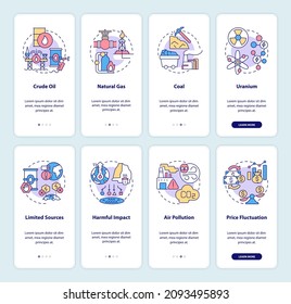 Nonrenewable sources and ecology onboarding mobile app page screen set. Power walkthrough 4 steps graphic instructions with linear concepts. UI, UX, GUI template. Myriad Pro-Bold, Regular fonts used