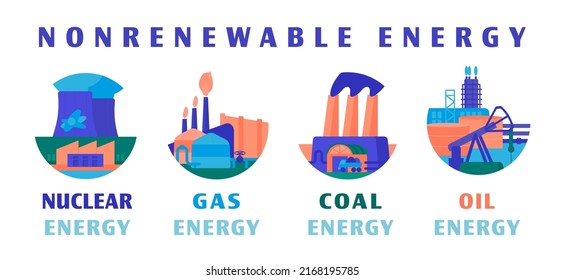 Nonrenewable Sources Energy Fossil Fuel Nuclear Stock Vector (Royalty ...