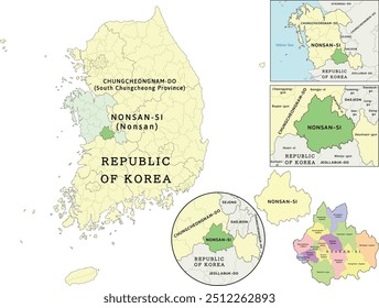 Nonsan-si (Nonsan) location on Chungcheongnam-do (South Chungcheong Province) and Republic of Korea (South Korea) map. Colored. Vectored