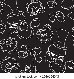 A non-seamless hand drawing pattern of a magic frog-eating using his big tongue in a black-and-white ink illustration for fabric pattern