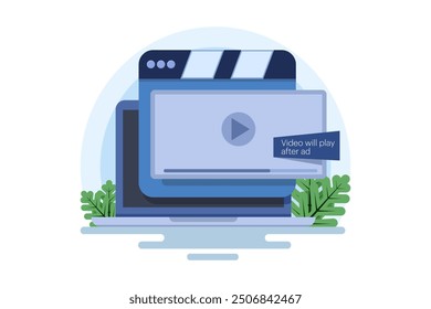 Non-skippable in-stream video ad concept. Short ad that viewers have to watch before or during the video. Inbound digital marketing business promotion with online broadcasting, vector illustration.