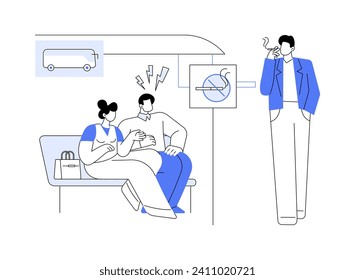 Non-smoking bus stop abstract concept vector illustration. Man smokes at the bus stop, dissatisfaction of people standing nearby, urban transportation, public transport abstract metaphor.