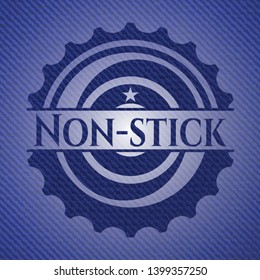 Non-stick badge with jean texture. Vector Illustration. Detailed.