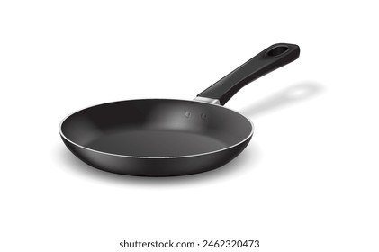 Nonstick frying pan with handle realistic vector illustration. Kitchen dishware design. Food preparation equipment 3d object on white background